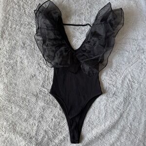 Zara Black Ruffle Bodysuit Ribbed Sheer Organza V Neck Party Top M Chic